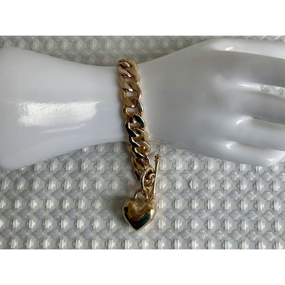 Vintage Style Gold-Tone Chunky Curb Chain Puffed‎ Heart Charm Bracelet Y2K